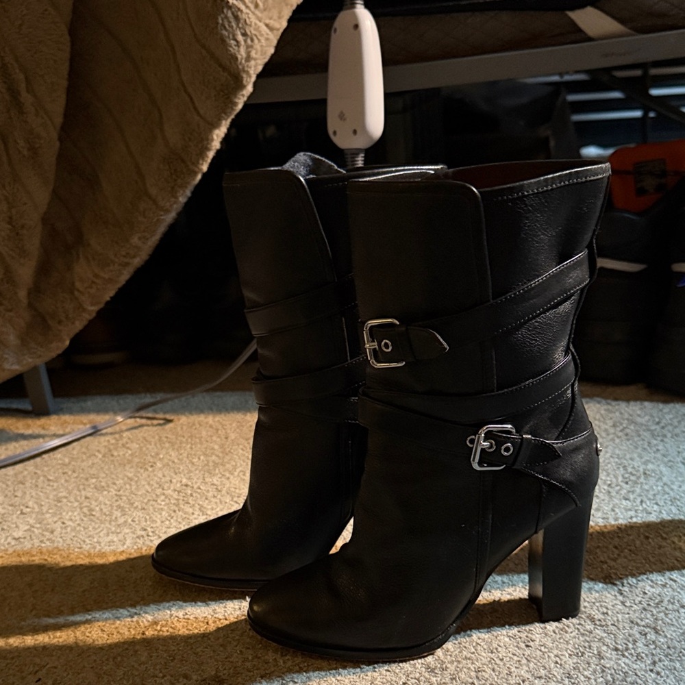 Coach Black Heeled Boots with Buckle Detail